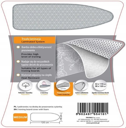 Pokrowiec na deskę do prasowania PROMIS 105-120cm na 30-40cm BAWEŁNA+PIANKA