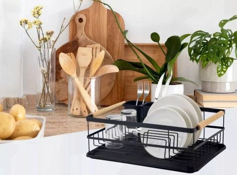 Suszarka do naczyń ociekacz na talerze + pojemnik na sztućce czarna metal XL