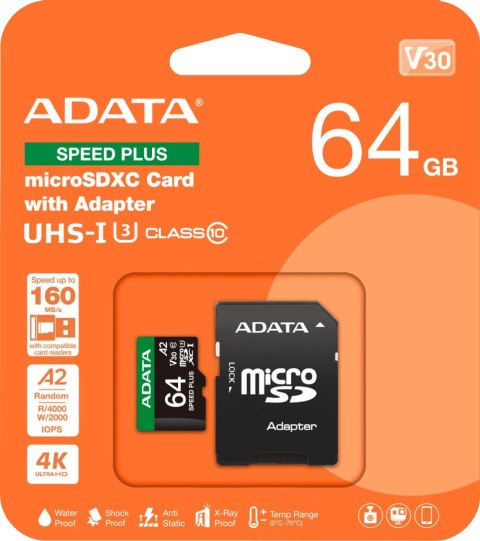 Adata Karta pamięci microSD Speed Plus 64GB UHS1 U3 V30 A2 160/140 MB/s