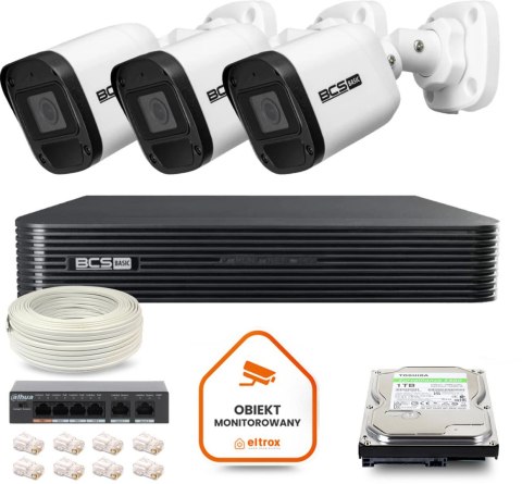 Zestaw monitoringu IP BCS Basic 3x Kamera BCS-B-TIP15FR3(2.0) Rejestrator z dyskiem 1TB