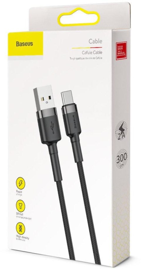 KABEL USB-A / USB-C Baseus Cafule CATKLF-UG1 300cm 2A QC 3.0 CZARNO-SZARY W NYLONOWYM OPLOCIE KABEL USB-A / USB-C Baseus Cafule CATKLF-UG1 300cm 2A QC 3.0 CZARNO-SZARY W NYLONOWYM OPLOCIE